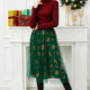 Christmas Party Green Layered Mesh Womens Gingerbread Print Midi Skirt