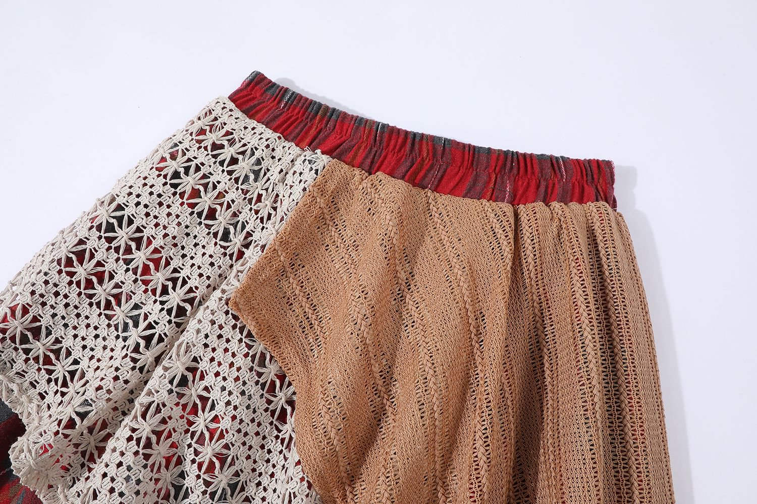 Romantic Bohemian Crochet Patchwork Plaid Womens Asymmetric Midi Skirt
