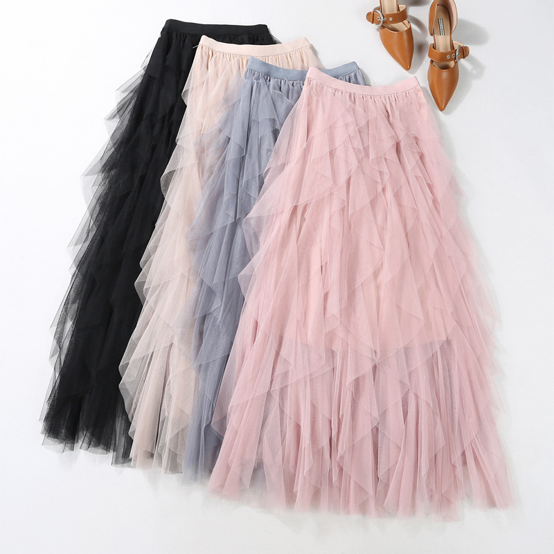 Casual Chic Breathable Asymmetric Layered Tulle Womens Midi Skirt