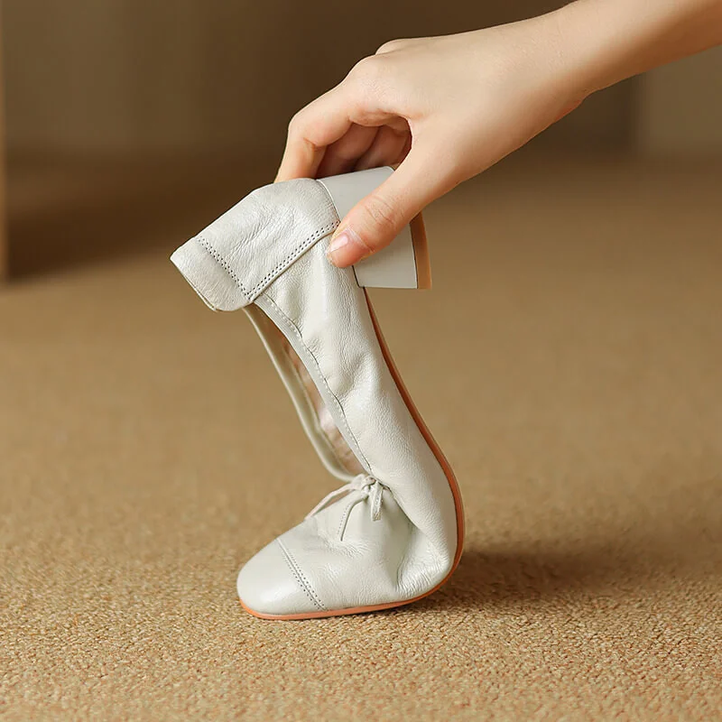Timeless Classic Waxed Lambskin Bow Square Toe Womens Ballet Pumps