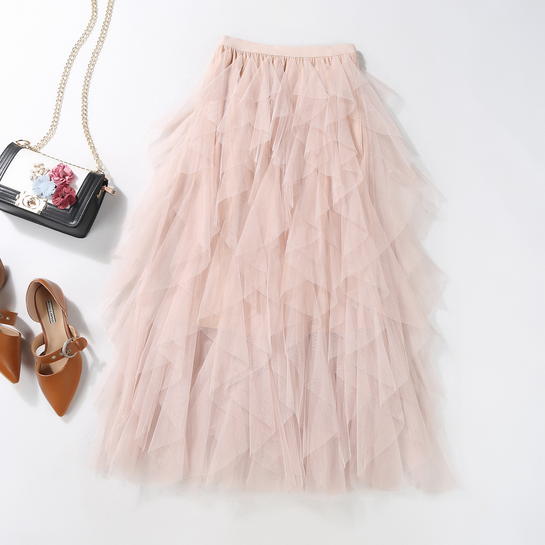Casual Chic Breathable Asymmetric Layered Tulle Womens Midi Skirt