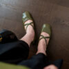 Classic Crinkled Lambskin Womens Square Toe Cross Strap Ballet Flats