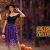 Halloween Layered Tulle Velvet Bat Print Womens Asymmetric Midi Skirt