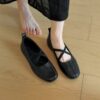 Classic Crinkled Lambskin Womens Square Toe Cross Strap Ballet Flats