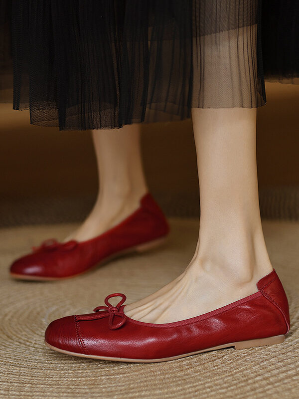 Casual Chic Soft Washed Leather Womens Bow Square Toe Ballet Flats