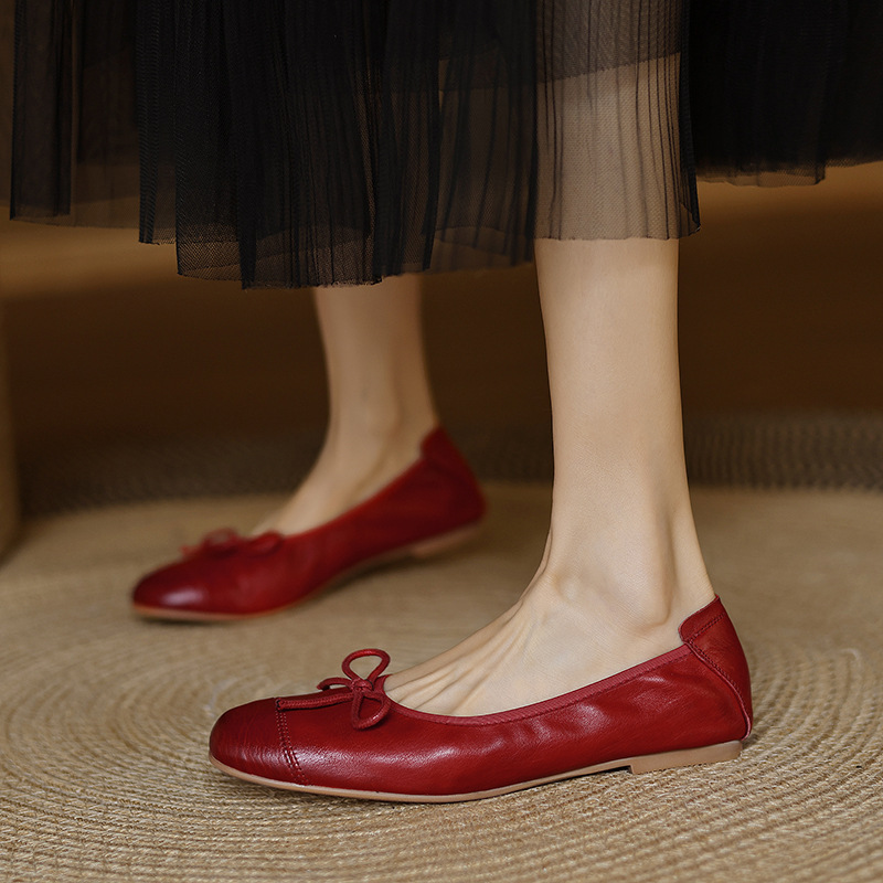 Casual Chic Soft Washed Leather Womens Bow Square Toe Ballet Flats