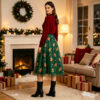 Christmas Party Green Layered Mesh Womens Gingerbread Print Midi Skirt