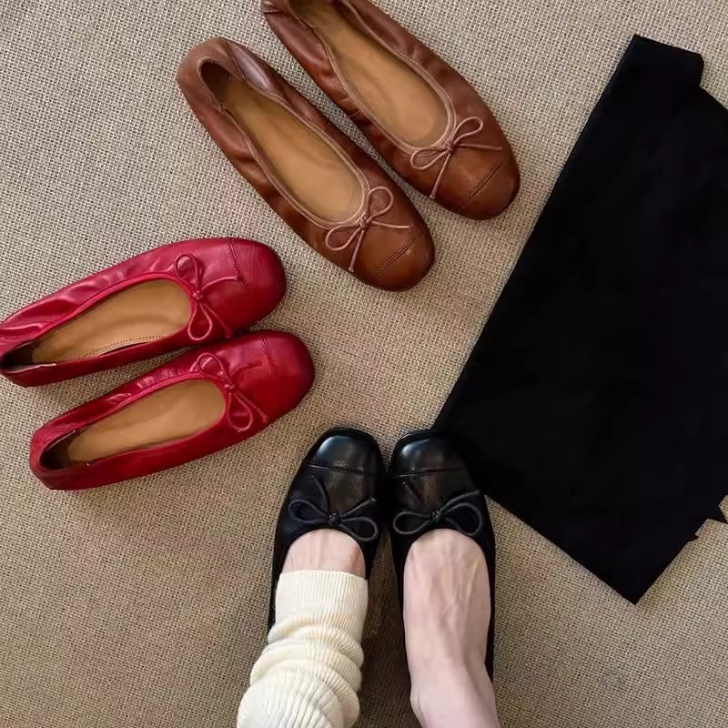 Casual Chic Soft Washed Leather Womens Bow Square Toe Ballet Flats
