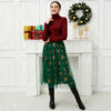 Christmas Party Green Layered Mesh Womens Gingerbread Print Midi Skirt