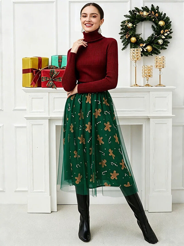 Christmas Party Green Layered Mesh Womens Gingerbread Print Midi Skirt
