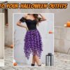 Halloween Layered Tulle Velvet Bat Print Womens Asymmetric Midi Skirt