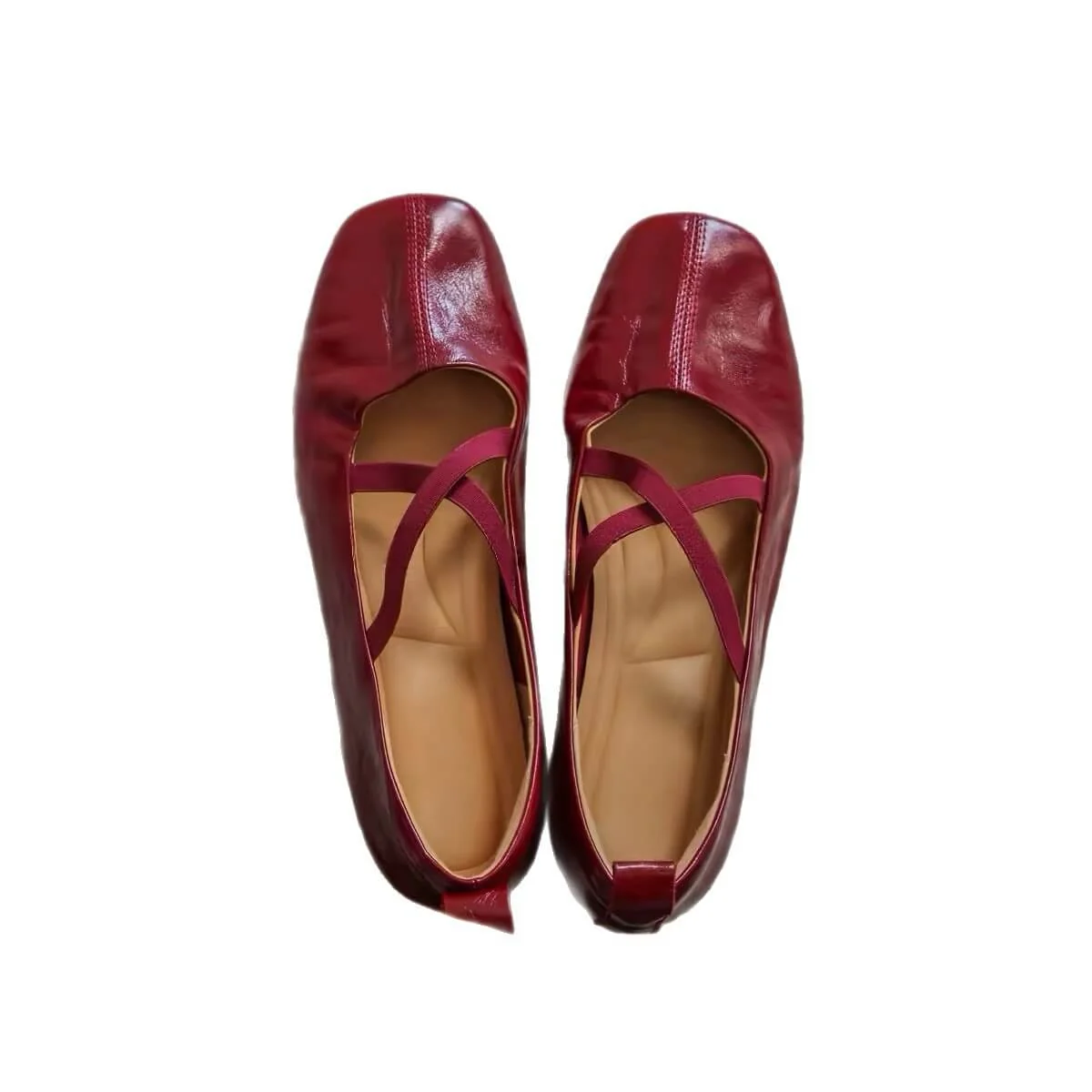 Classic Crinkled Lambskin Womens Square Toe Cross Strap Ballet Flats