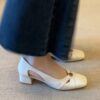 Classic Waxed Sheepskin Womens Cutout Camellia Block Heel Mary Janes