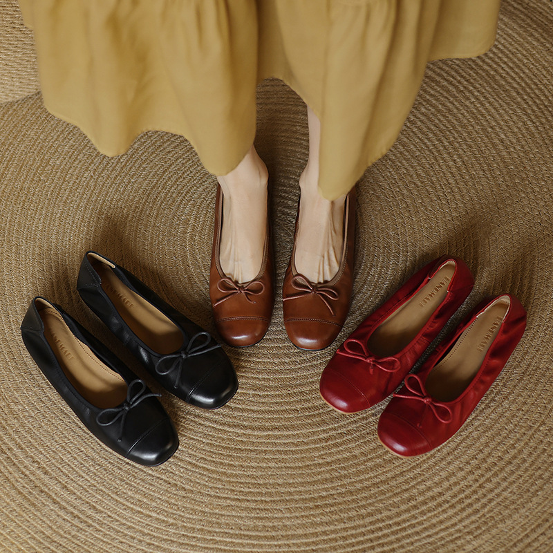 Casual Chic Soft Washed Leather Womens Bow Square Toe Ballet Flats