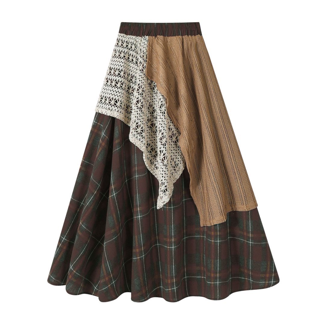Romantic Bohemian Crochet Patchwork Plaid Womens Asymmetric Midi Skirt