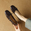 Timeless Classic Waxed Lambskin Bow Square Toe Womens Ballet Pumps