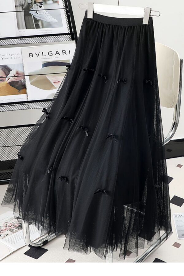 Casual Chic Breathable Bow Embellished Tulle Womens A Line Midi Skirt