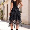 Halloween Layered Tulle Velvet Bat Print Womens Asymmetric Midi Skirt
