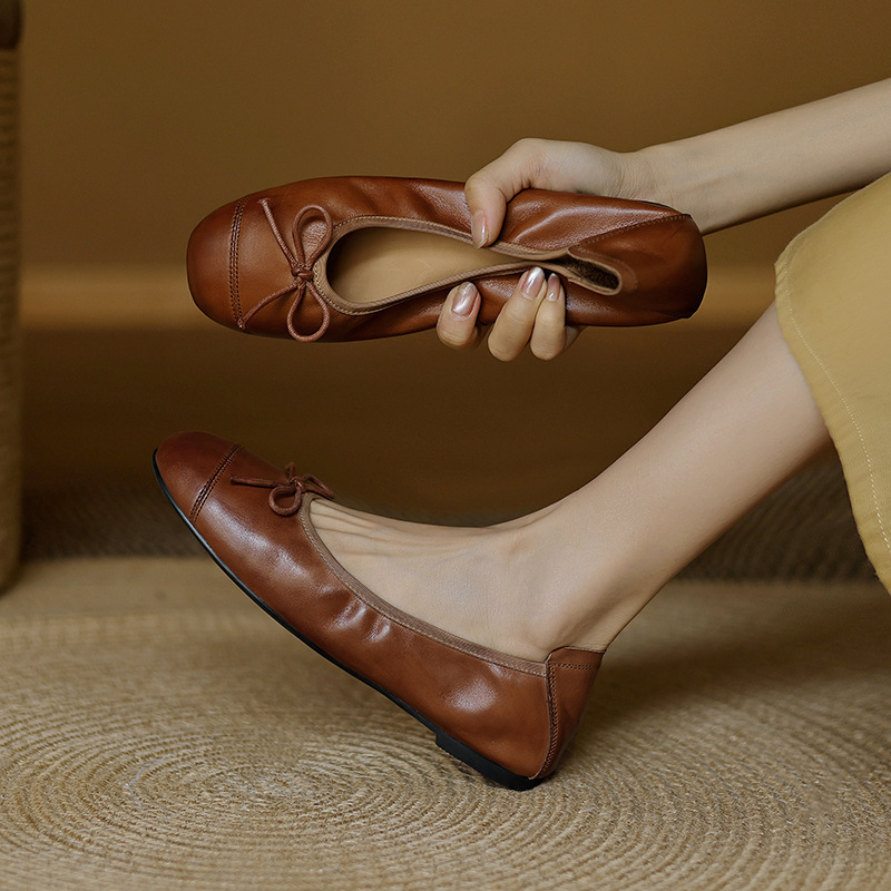 Casual Chic Soft Washed Leather Womens Bow Square Toe Ballet Flats