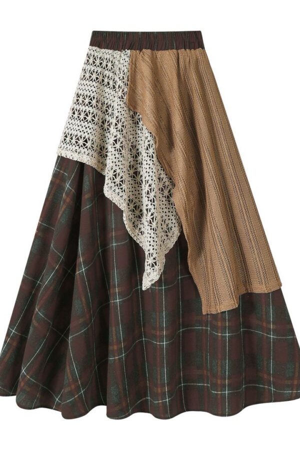 Romantic Bohemian Crochet Patchwork Plaid Womens Asymmetric Midi Skirt