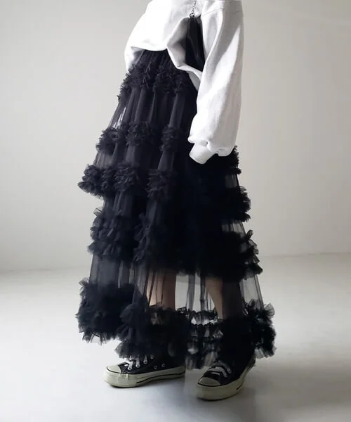 Casual Chic Pastel Ruffled Tiered Tulle Womens A Line Midi Skirt