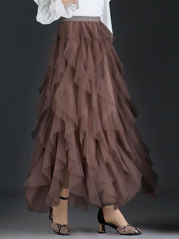 Casual Chic Breathable Asymmetric Layered Tulle Womens Midi Skirt