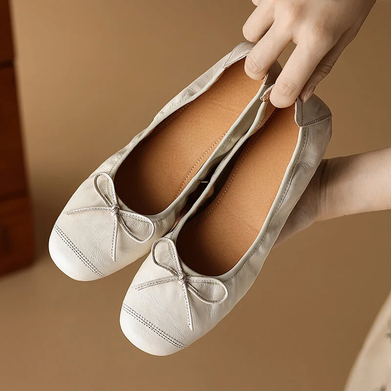 Timeless Classic Waxed Lambskin Bow Square Toe Womens Ballet Pumps