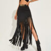 Casual Chic Asymmetric Fringe Womens High Waisted Black Midi Skirt