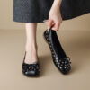 French Riviera Patent Studded Bow Square Toe Womens Black Ballet Flats