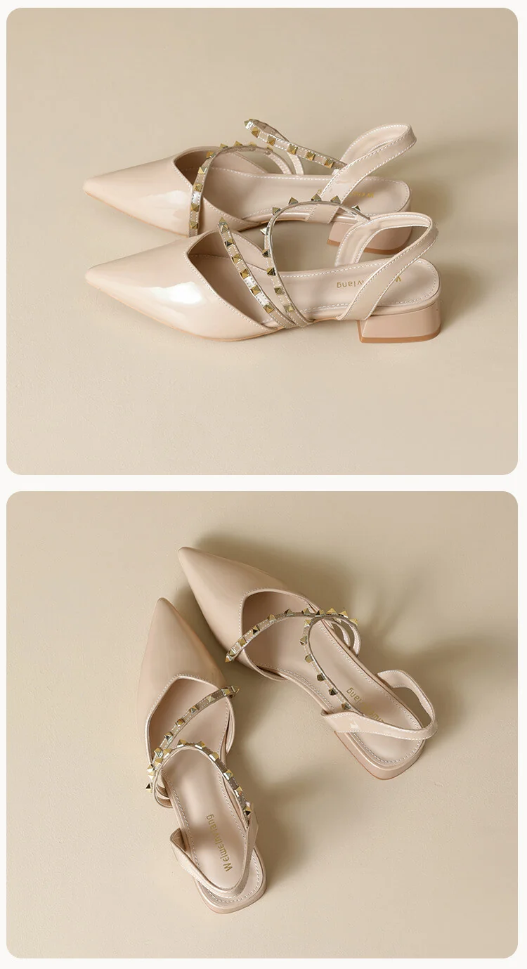 Casual Chic Studded Microfibre Womens Pointed Toe Block Heel Slingback