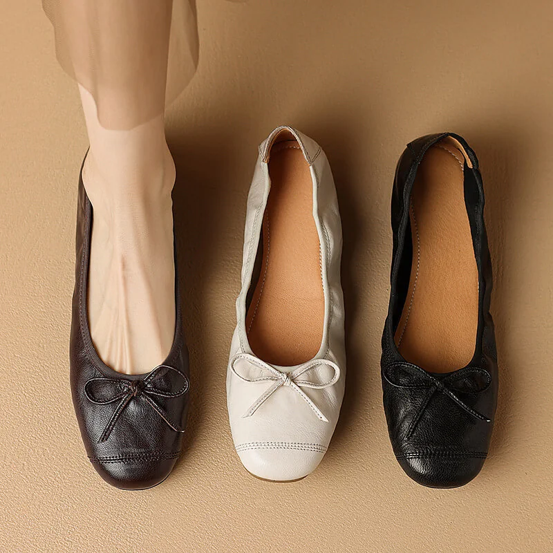 Timeless Classic Waxed Lambskin Bow Square Toe Womens Ballet Pumps