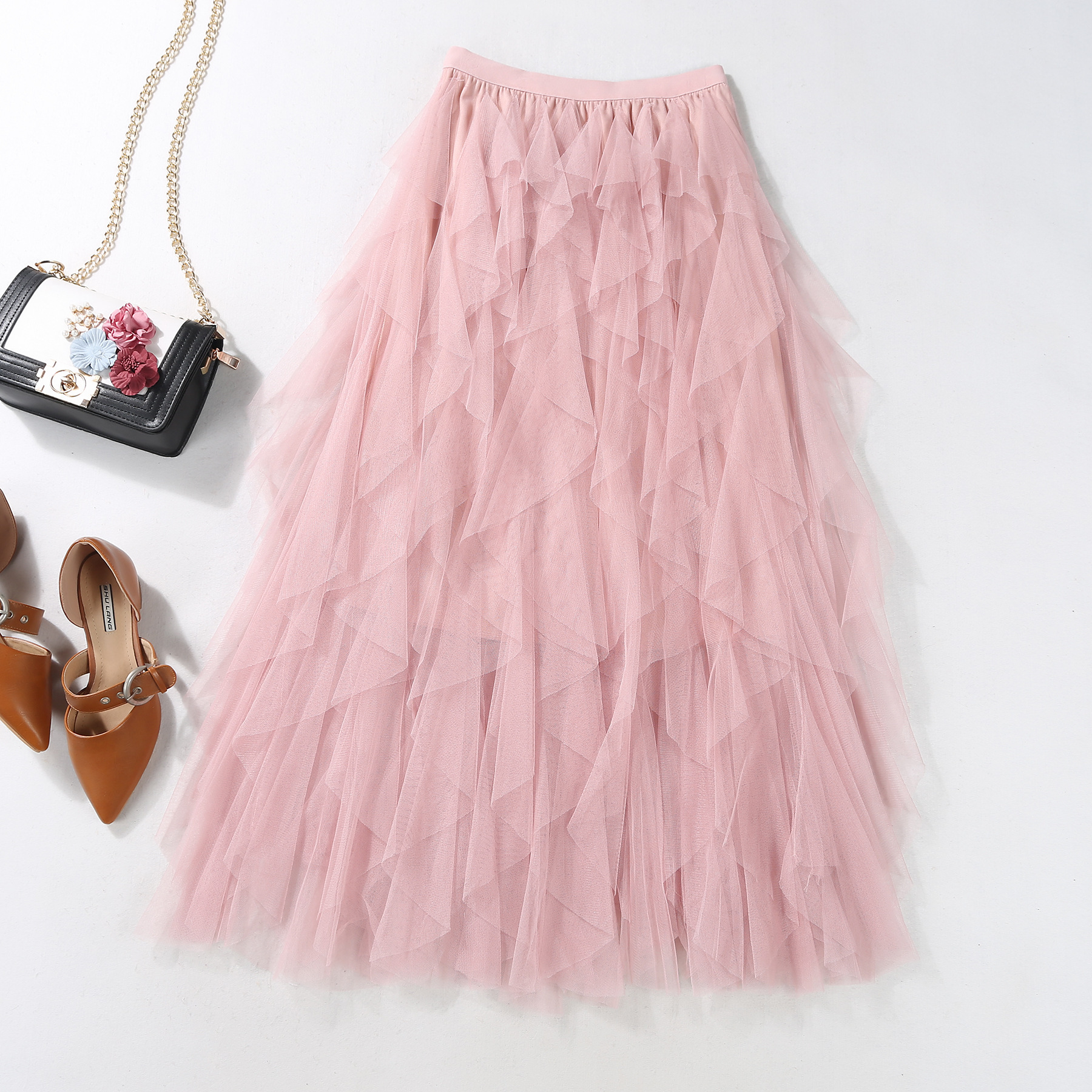 Casual Chic Breathable Asymmetric Layered Tulle Womens Midi Skirt