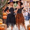 Halloween Layered Tulle Velvet Bat Print Womens Asymmetric Midi Skirt