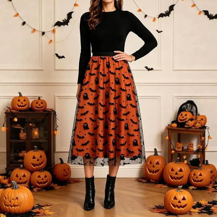 Halloween Flocked Print Tulle Womens Midi Skirt
