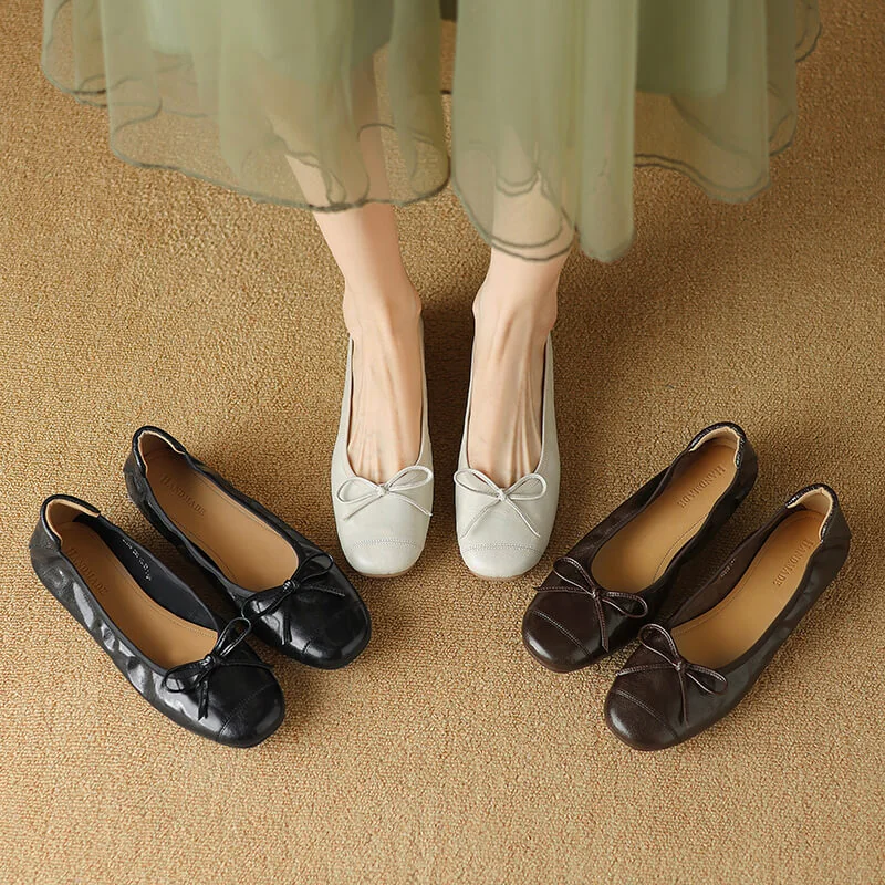 Timeless Classic Waxed Lambskin Bow Square Toe Womens Ballet Pumps