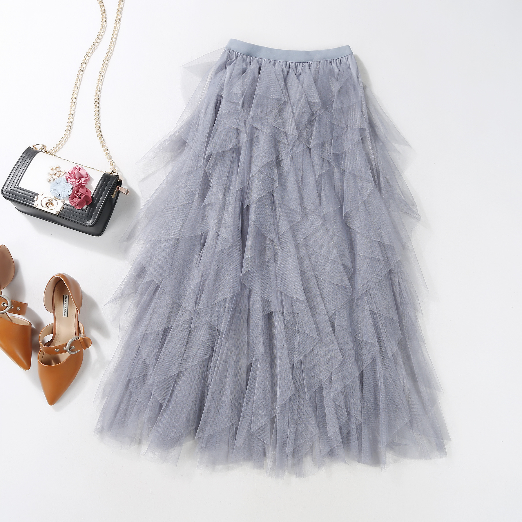 Casual Chic Breathable Asymmetric Layered Tulle Womens Midi Skirt