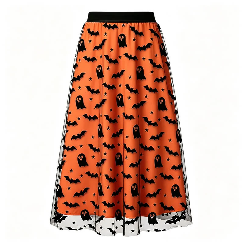 Halloween Flocked Print Tulle Womens Midi Skirt
