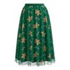 Christmas Party Green Layered Mesh Womens Gingerbread Print Midi Skirt