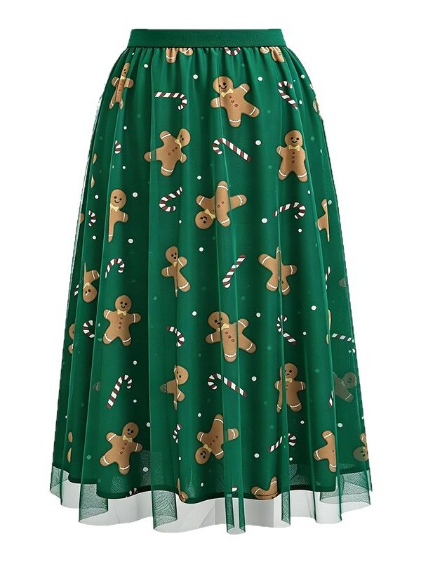 Christmas Party Green Layered Mesh Womens Gingerbread Print Midi Skirt