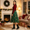 Christmas Party Green Layered Mesh Womens Gingerbread Print Midi Skirt