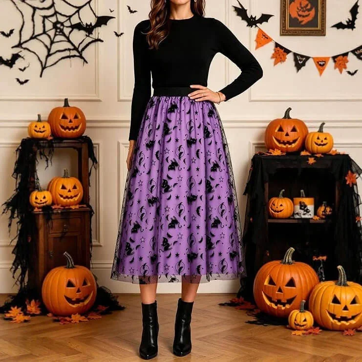 Halloween Flocked Print Tulle Womens Midi Skirt