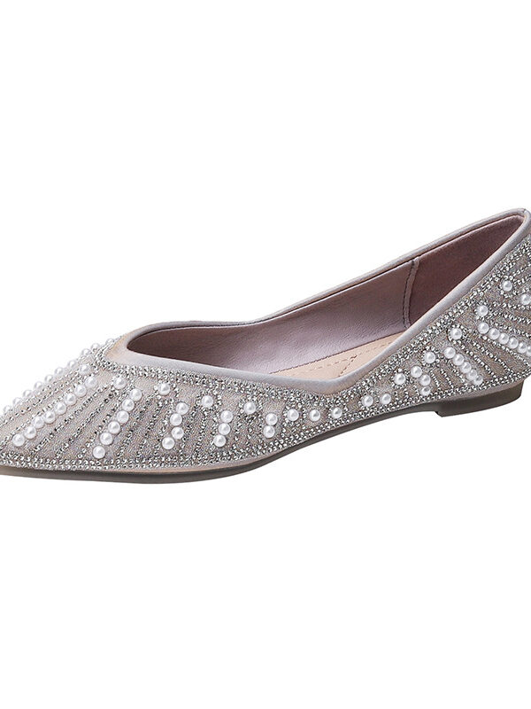 Casual Chic Breathable Diamante Pearl Womens Slip On Pointed Toe Flats