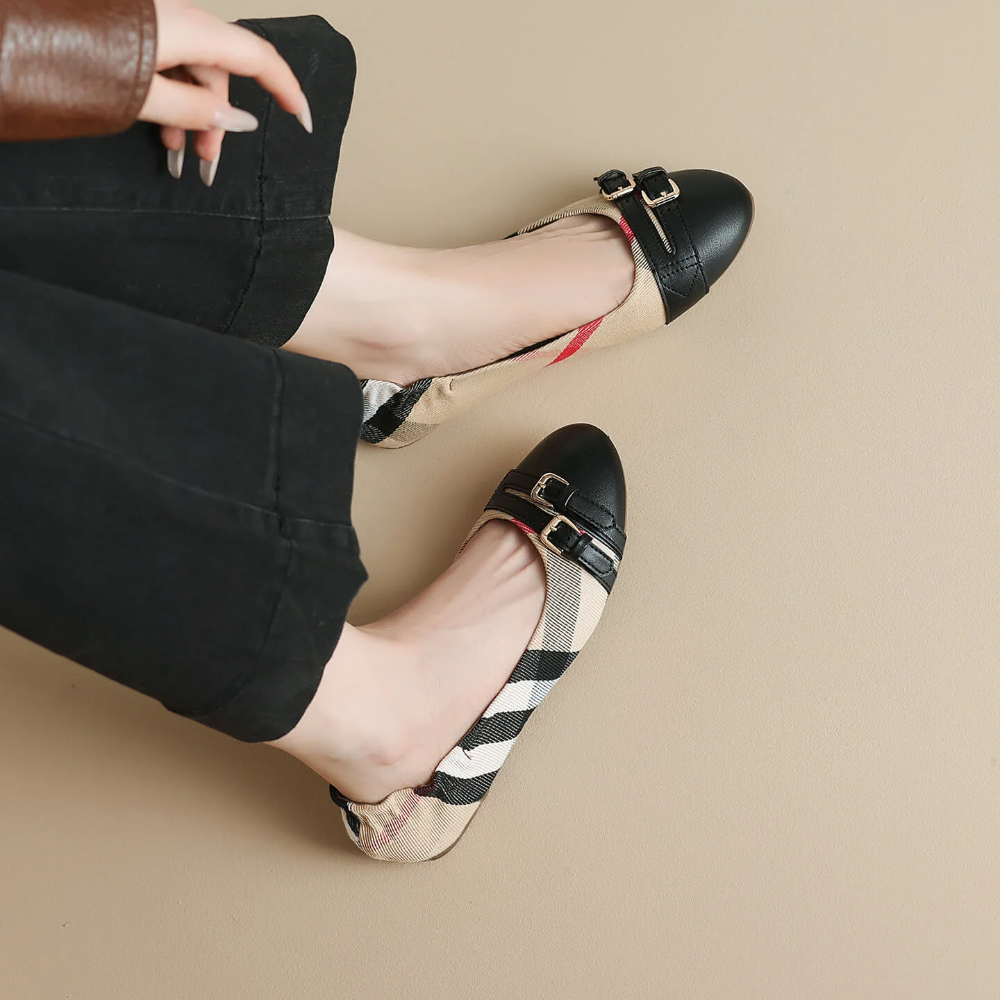 French Riviera Check Buckled Cap Toe Womens Slip On Ballet Pumps