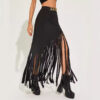 Casual Chic Asymmetric Fringe Womens High Waisted Black Midi Skirt