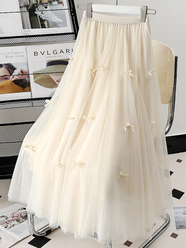 Casual Chic Breathable Bow Embellished Tulle Womens A Line Midi Skirt