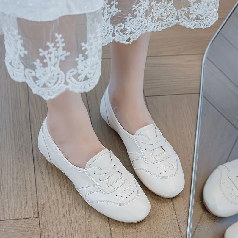 Casual Chic Perforated Sheepskin Leather Womens Flat Mary Janes