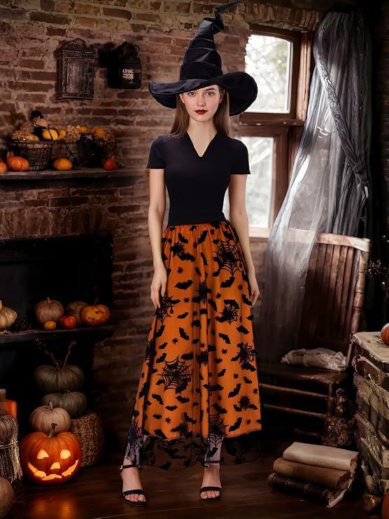 Halloween Layered Mesh Tulle Womens Elastic Waist A Line Midi Skirt