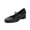 Timeless Classic Sheepskin Leather Womens Bow Block Heel Mary Janes