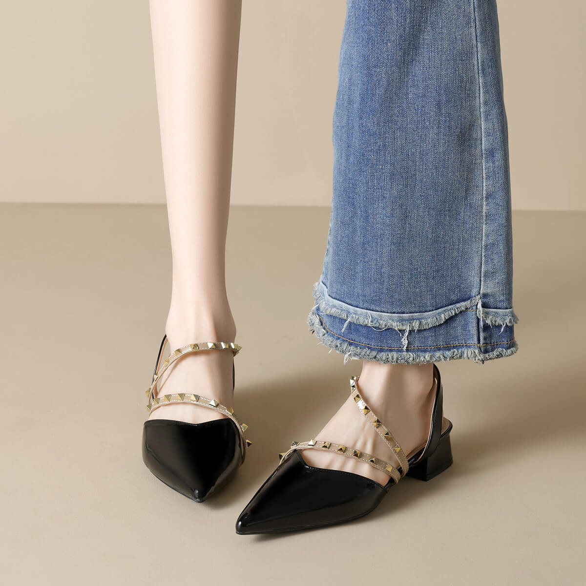 Casual Chic Studded Microfibre Womens Pointed Toe Block Heel Slingback