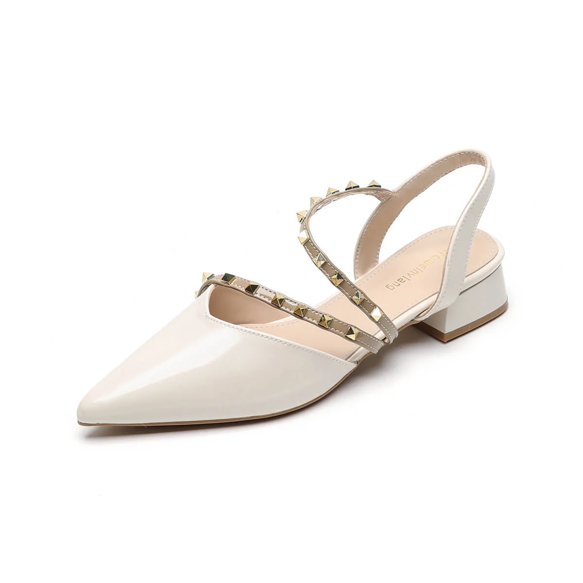 Casual Chic Studded Microfibre Womens Pointed Toe Block Heel Slingback